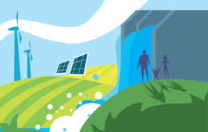 50475119 - clean energy, ecological types of electricity, renewable energy, green energy. alternative energy sources. new types of electricity. ecology concept.windmill illustration.